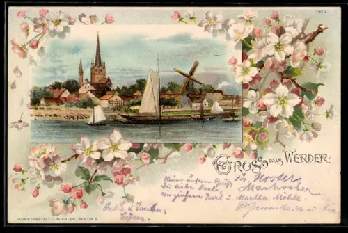 Lithographie Werder / Havel, Panorama mit Windmühle