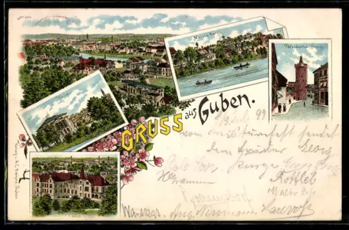 Lithographie Guben, Theater, Werderther Thurm, Kreishaus