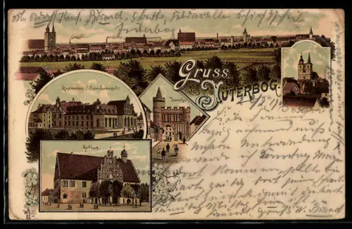 Lithographie Jüterbog, Ev. Nicolai-Kirche, Dammtor, Kasernement, Rathaus