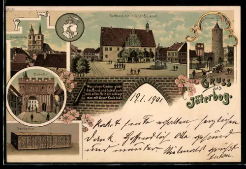 Lithographie Jüterbog, Rathaus mit Kriegerdenkmal, Nicolai-Kirche, Dammthor