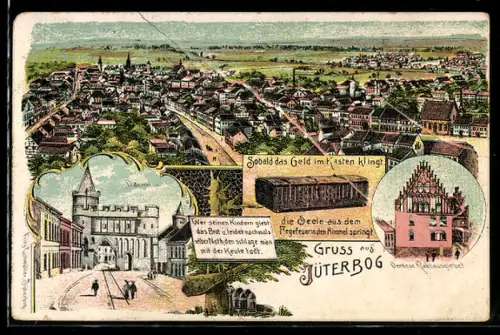 Lithographie Jüterbog, Totalansicht, Dammtor, neuer Rathausgiebel