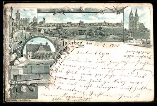 Lithographie Jüterbog, Rathaus, Stadtkirche, Tetzelkasten und Dammtor