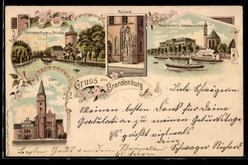 Lithographie Brandenburg a. H., Saldria mit St. Johanneskirche, Dom, Steintorturm und Brücke