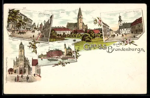 Lithographie Brandenburg / Havel, Rathaus, Jacobstrasse, Dom und St. Johannis-Kirche
