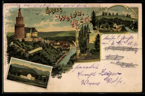 Lithographie Weida, Teilansicht mit Schloss, Hohes Haus, Aumühle