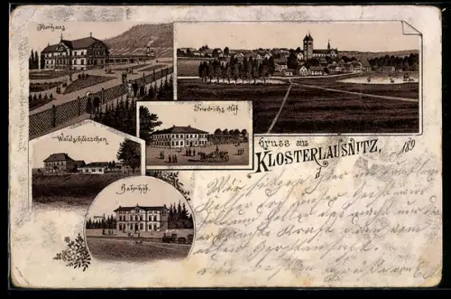 Lithographie Klosterlausnitz, Friedrichshof, Bahnhof, Waldschlösschen und Kurhaus