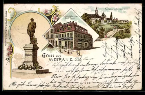 Lithographie Meerane, Warenhaus von Adolf Popper, Bismarck-Denkmal und Teichplatz