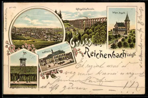Lithographie Reichenbach / Voigtl., Gasthof Schöne Aussicht, Rathaus