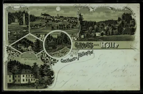 Mondschein-Lithographie Hölle, Adam`s Gasthof zum Höllenthal, Hirschgrund, Wilhelm Stollen