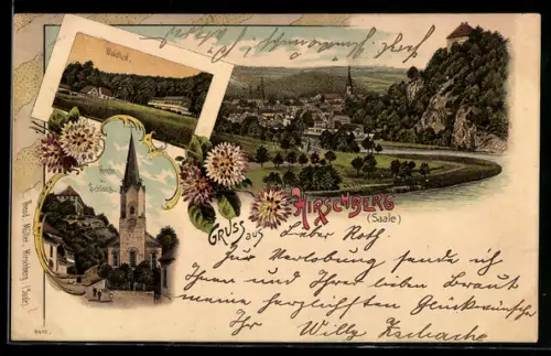Lithographie Hirschberg / Saale, Totalansicht, Kirche & Schloss
