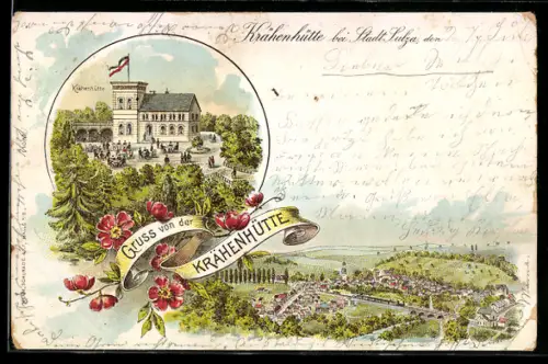 Lithographie Bad Sulza, Gasthaus zur Krähenhütte mit Gartenlokal, Ortspanorama