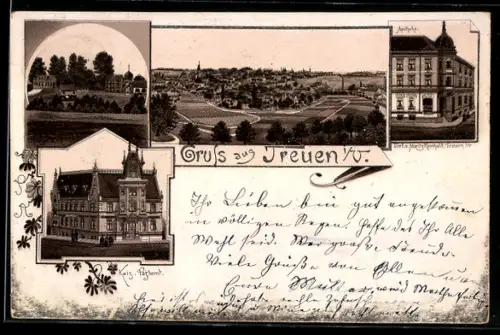 Lithographie Treuen, Kaiserl. Postamt, Apotheke, Gesamtansicht