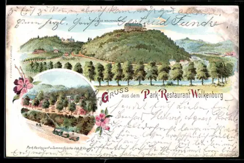 Lithographie Wolkenburg, Schloss und Parkrestaurant v. B. Voigt