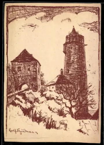 Künstler-AK Bautzen, Nothilfetag 1923, Blick zu einem Turm