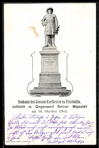 AK Fehrbellin, Denkmal des Grossen Kurfürsten, enthüllt 1902