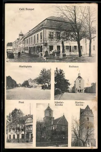 AK Treuenbrietzen, Cafe Tempel, Post, Nikolaikirche, Rathaus
