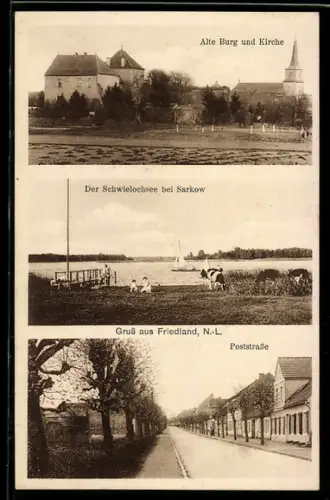 AK Friedland /N.-L., Poststrasse, Alte Burg und Kirche, Schwielochsee
