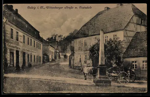 AK Belzig i. M., Wittenbergerstrasse mit Postsäule