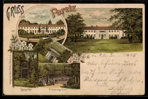 Lithographie Paretz, Vordere u. hintere Schlossansicht, Chin. Pavillon, Louisentor, Erinnerungs-Grotte