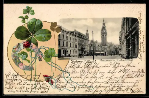 Präge-AK Dahme /Mark, Partie in der Hauptstrasse mit Rathaus-Post