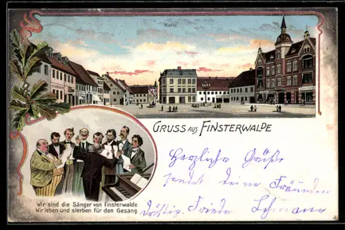 Lithographie Finsterwalde, Strassenpartie am Markt, Sängerchor mit Klavier