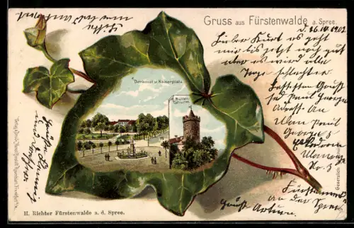 Passepartout-Lithographie Fürstenwalde a. Spree, Denkmal, Kaiserplatz und Bullenturm, Eichenblatt Passepartout