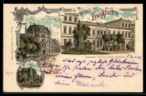 Lithographie Frankfurt a. O., Kaserne des Leib-Grenadier-Regts., Krieger-Denkmal