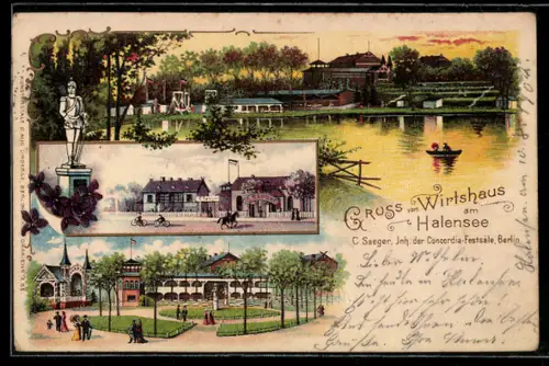 Lithographie Berlin-Halensee, Gasthaus am Halensee, Bootsverleih