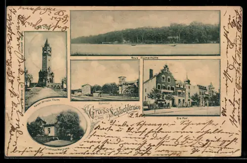 AK Schlachtensee, Neue Fischerhütte, Partie vor der Post, Kaiser Wilhelm Turm und Forsthaus Wannsee