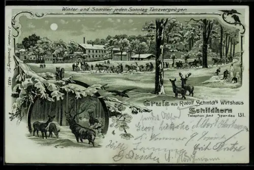 Mondschein-Lithographie Spandau, Gasthaus Schildhorn R. Schmidt mit Umgebung im Winter, Hirsche im Wald