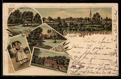 Lithographie Lübbenau, Schneidemühle, Mühle, Frau in Tracht, Flusspartie, Ortsansicht