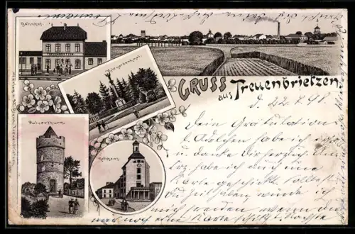 Lithographie Treuenbrietzen, Bahnhof, Rathaus, Pulverthurm