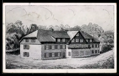 Künstler-AK Schorfheide, Blick auf das Naturfreundehaus am Uedersee