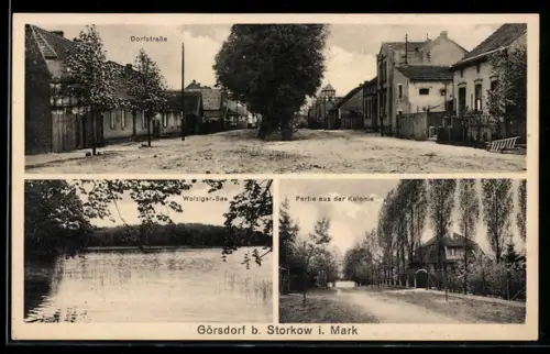 AK Görsdorf b. Storkow i. Mark, Dorfstrasse mit Häusern, Wolziger-See, Partie aus der Kolonie