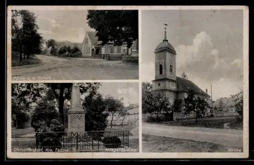 AK Christinendorf /Teltow, Partie an der Schule, Kirche und Kriegerdenkmal