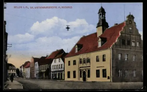 AK Belzig i. M., Partie in der Gr. Wiesenburgerstrasse mit Rathaus