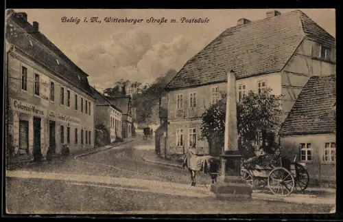 AK Belzig i. M., Partie in der Wittenberger Strasse mit Postsäule
