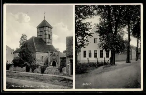 AK Kemnitz b. Werder, a. H. Kirche und Strassenpartie mit Schule