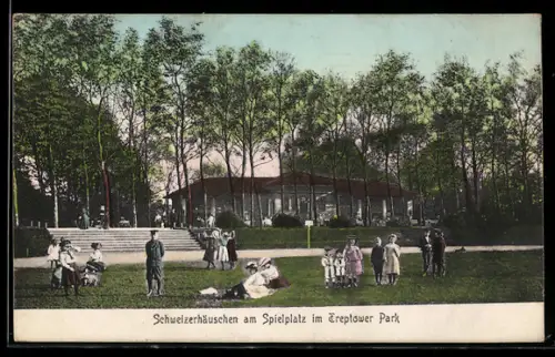 AK Berlin, Partie im Treptower Park mit Schweizerhäuschen