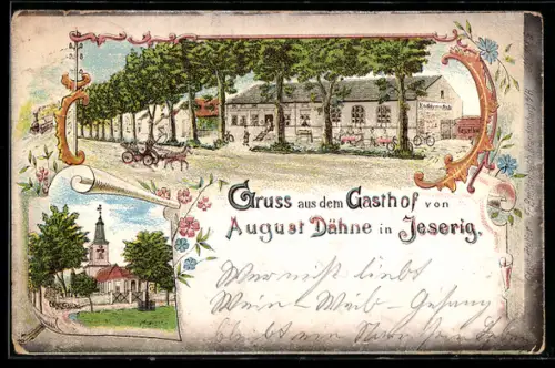 Lithographie Jeserig, Gasthof von August Dähne in der Aussenansicht und Kirche