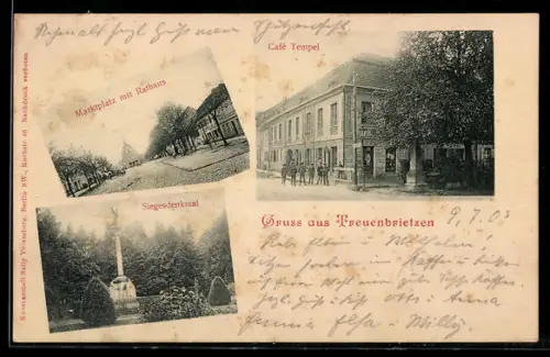 AK Treuenbrietzen, Marktplatz mit Rathaus, Café Tempel und Siegesdenkmal im Park