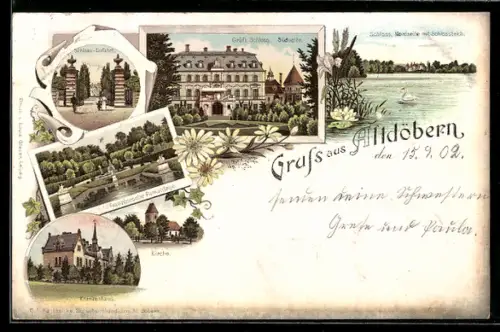 Lithographie Altdöbern, Gräfliches Schloss, Südseite, Schloss-Einfahrt, Französische Parkanlage, Kirche, Krankenhaus