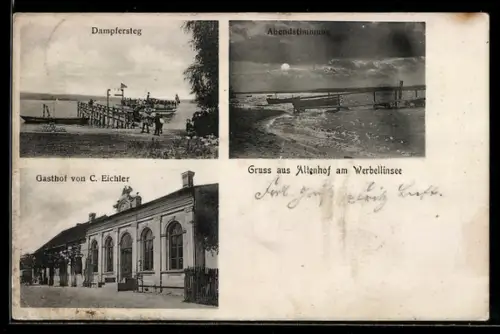 AK Altenhof am Werbellinsee, Gasthof von C. Eichler, Dampfersteg, Partie am See bei Dämmerung