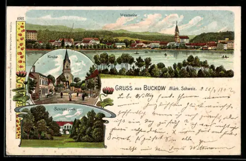 Lithographie Buckow /Märk. Schweiz, Schlosspark, Kirche, Ortsansicht von Westen aus
