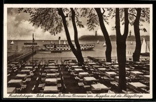 AK Friedrichshagen am Müggelsee, Hotel-Restaurant Bellevue-Terrassen, Franz Urban, Müggelsee, Blick auf die Müggelberge