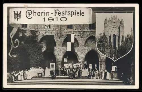 AK Chorin /Mark, Chorin-Festspiele 1910: Bühnenbild mit Reichswappen, Kloster