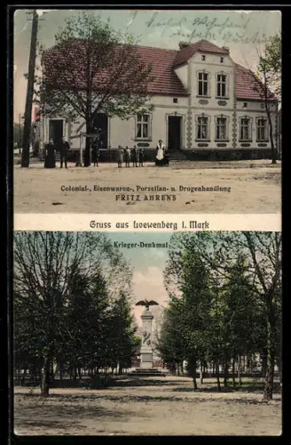 AK Loewenberg i. Mark, Colonial- und Eisenwarenhandlung von Fritz Ahrens, Krieger-Denkmal