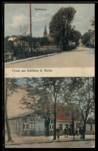 AK Schildow b. Berlin, Gasthaus, Dorfstrasse mit Kirche