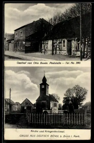 AK Deutsch Bork, Gasthaus von Otto Baade, Kriegerdenkmal und Kirche