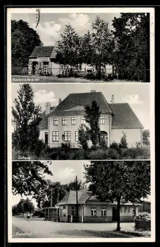 AK Kienberg bei Nauen, Kolonialwarengeschäft L. Feldmann, Schule, Bahnhof